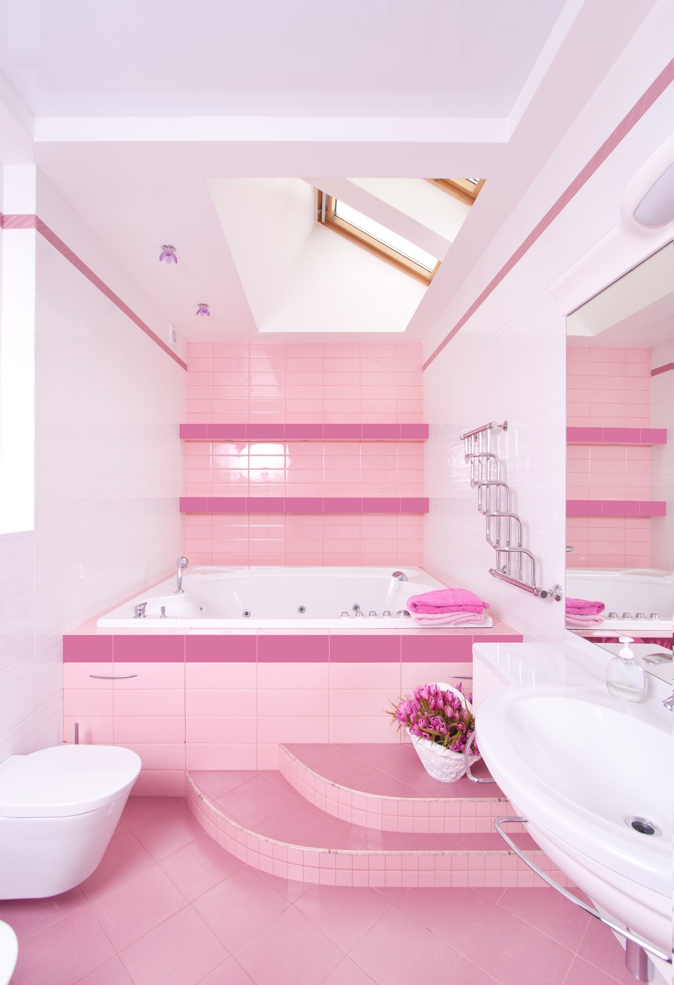 Light Pink Tiled Bathroom With Dark Pink Trim Room Decor And Design 